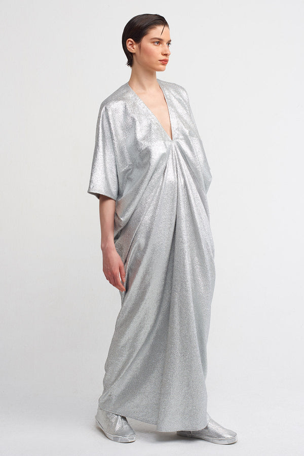 NU V-Neck Draped Long Dress Silver