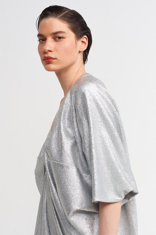 NU V-Neck Draped Long Dress Silver