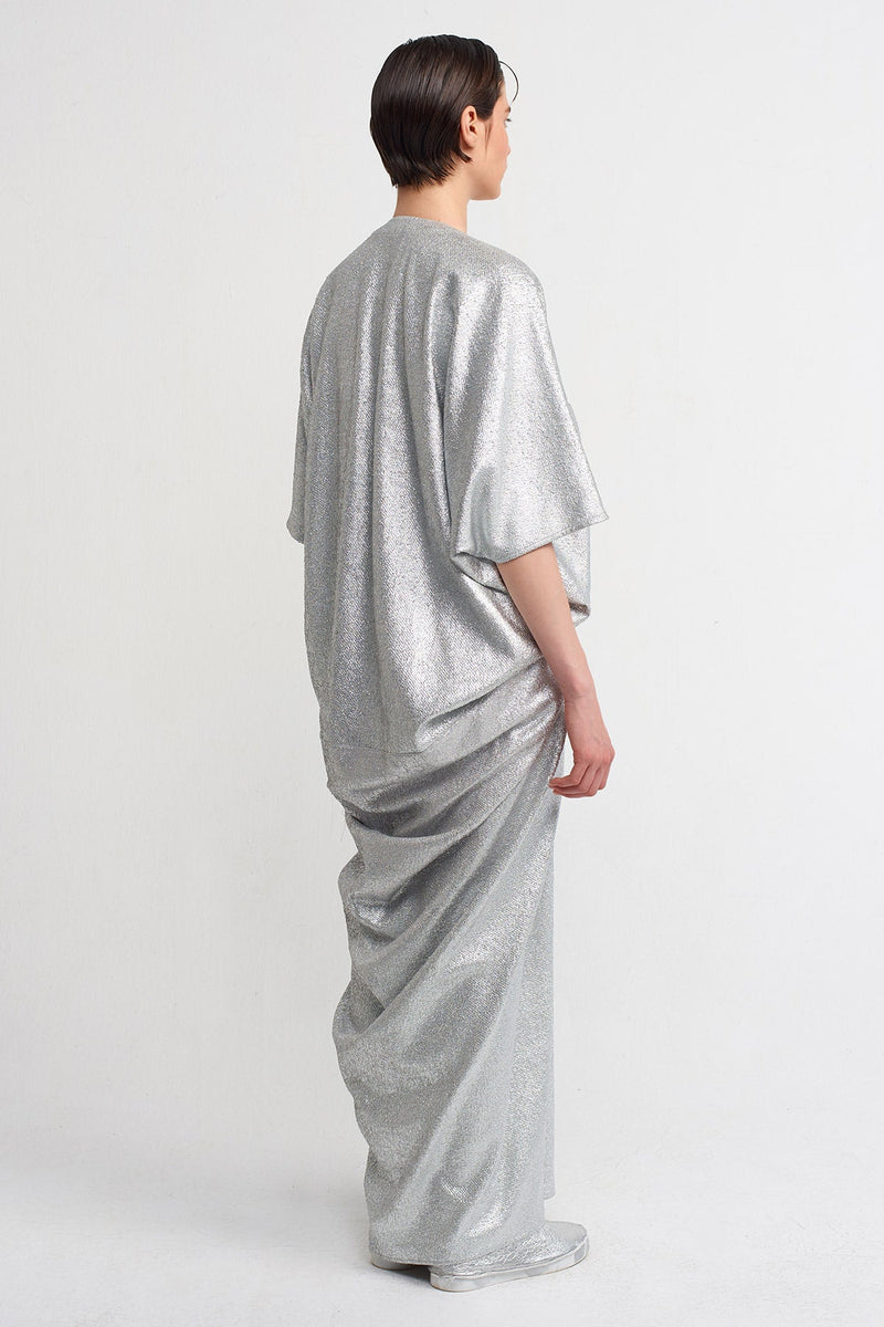 NU V-Neck Draped Long Dress Silver