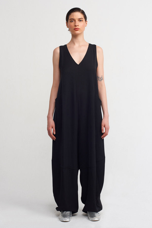 NU V-Neck Loose Jumpsuit Black