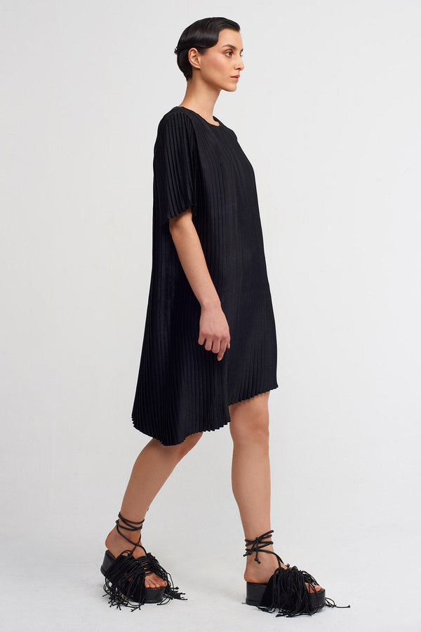 NU Asymmetric Pleated Dress With Shoulder Pads Black