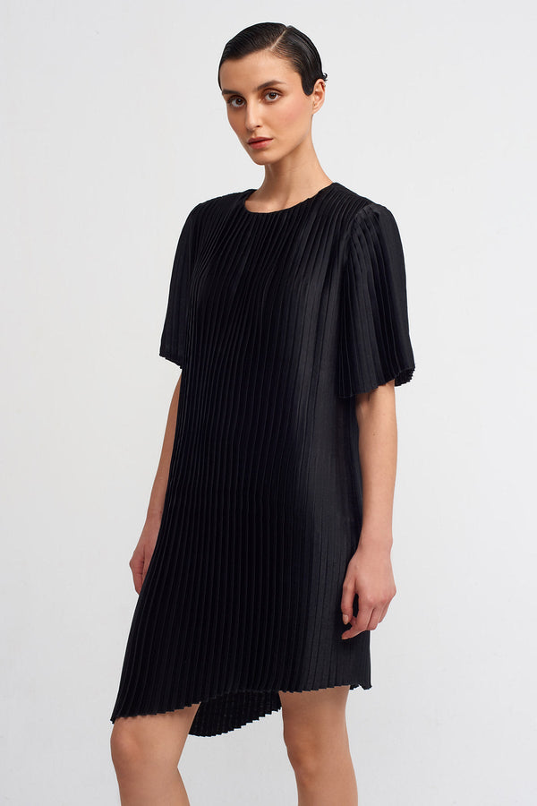 NU Asymmetric Pleated Dress With Shoulder Pads Black