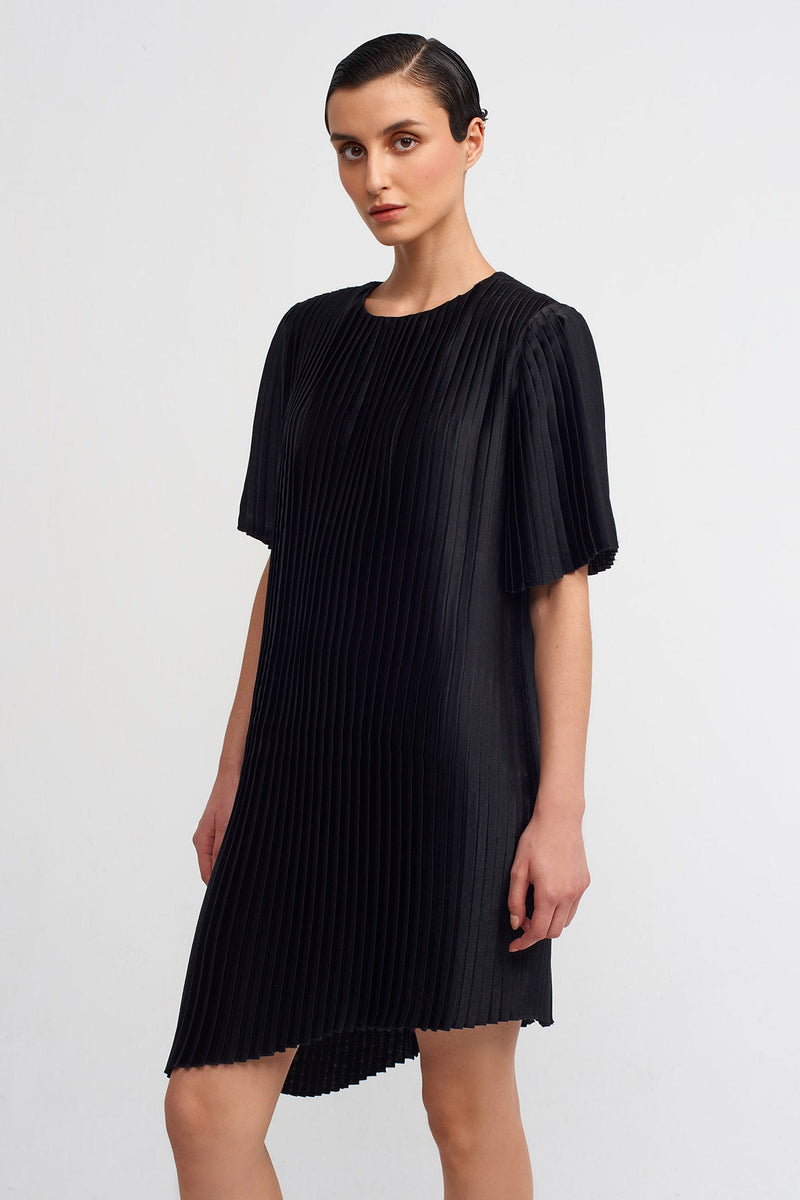 NU Asymmetric Pleated Dress With Shoulder Pads Black