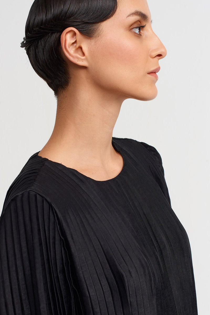 NU Asymmetric Pleated Dress With Shoulder Pads Black