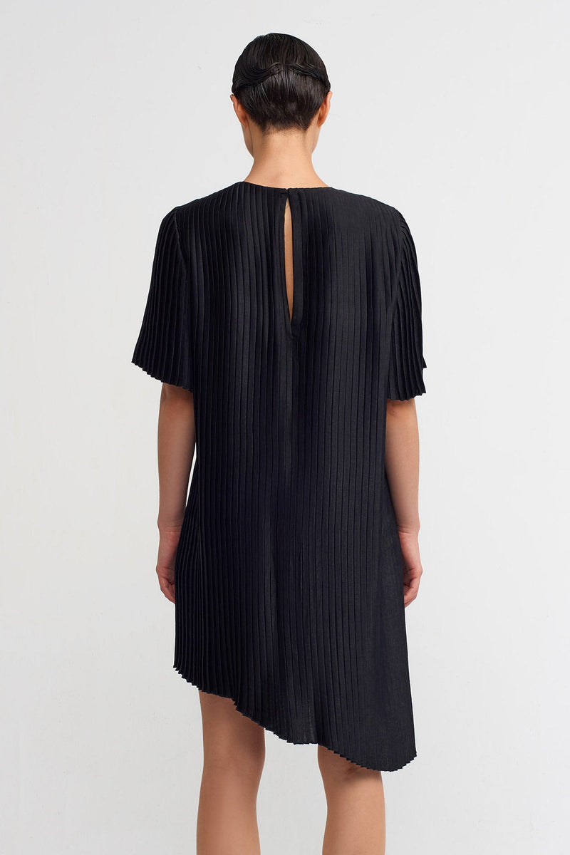 NU Asymmetric Pleated Dress With Shoulder Pads Black