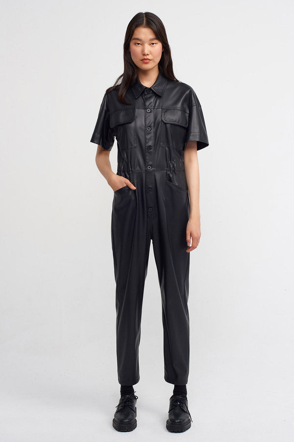 NU Faux Leather Biker Jumpsuit Black