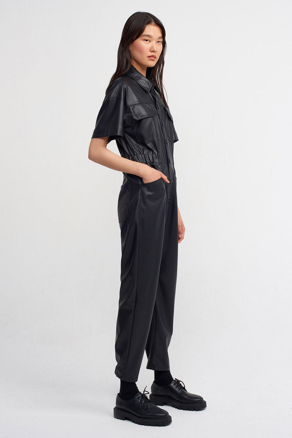 NU Faux Leather Biker Jumpsuit Black