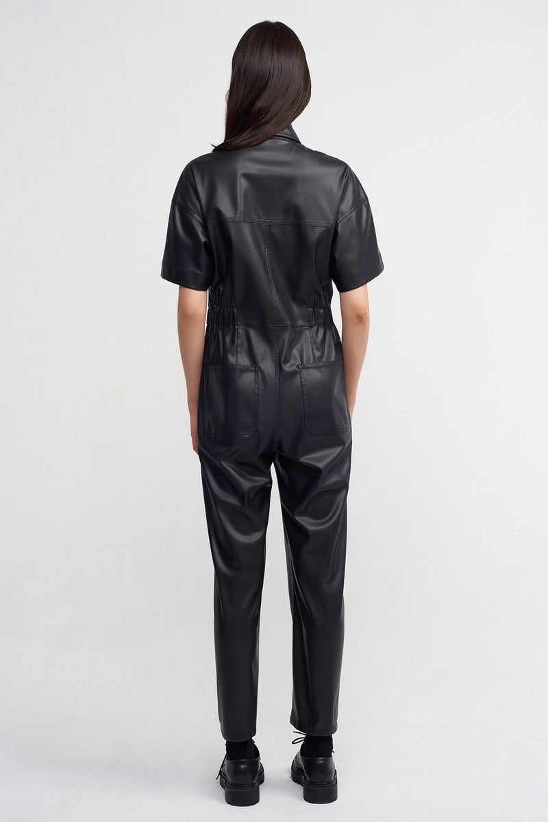 NU Faux Leather Biker Jumpsuit Black