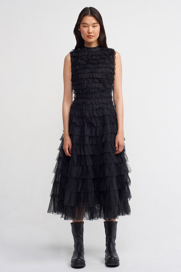 NU Waist Accent Ruffled Midi Dress Black