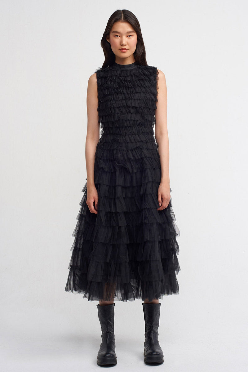 NU Waist Accent Ruffled Midi Dress Black