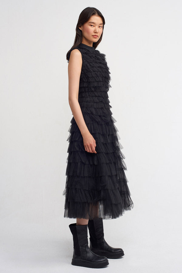 NU Waist Accent Ruffled Midi Dress Black