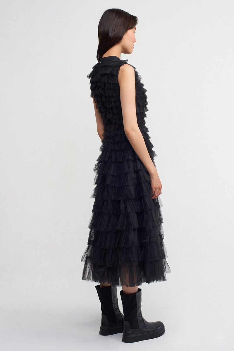 NU Waist Accent Ruffled Midi Dress Black