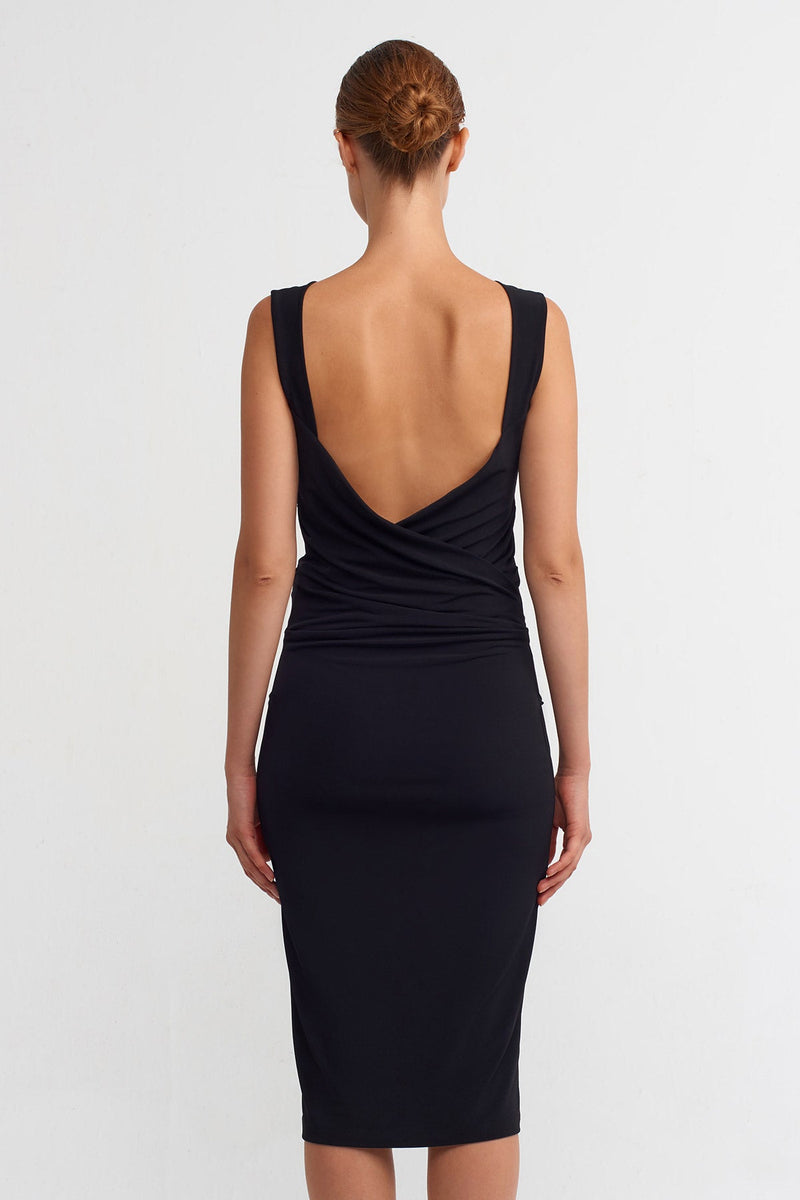 NU Shirred Detail Midi Dress Black