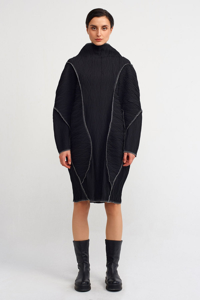 NU Stitched Detail Long Sleeve Pleated Dress Black/Offwhite
