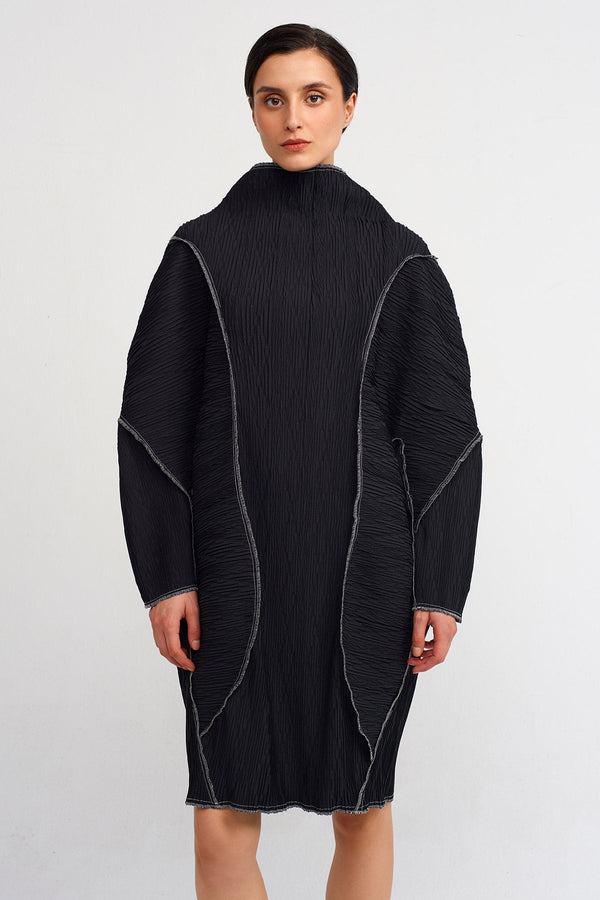 NU Stitched Detail Long Sleeve Pleated Dress Black/Offwhite