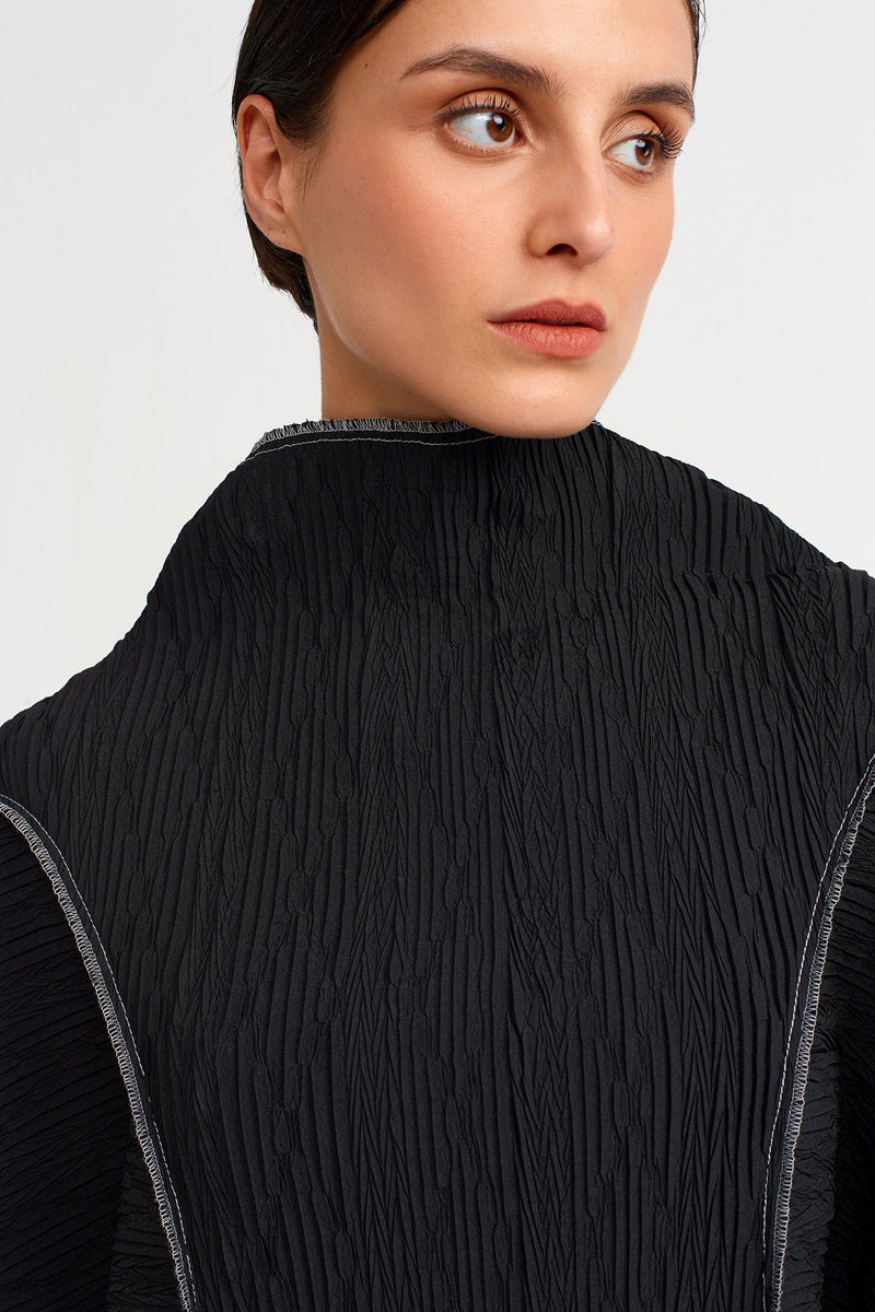 NU Stitched Detail Long Sleeve Pleated Dress Black/Offwhite
