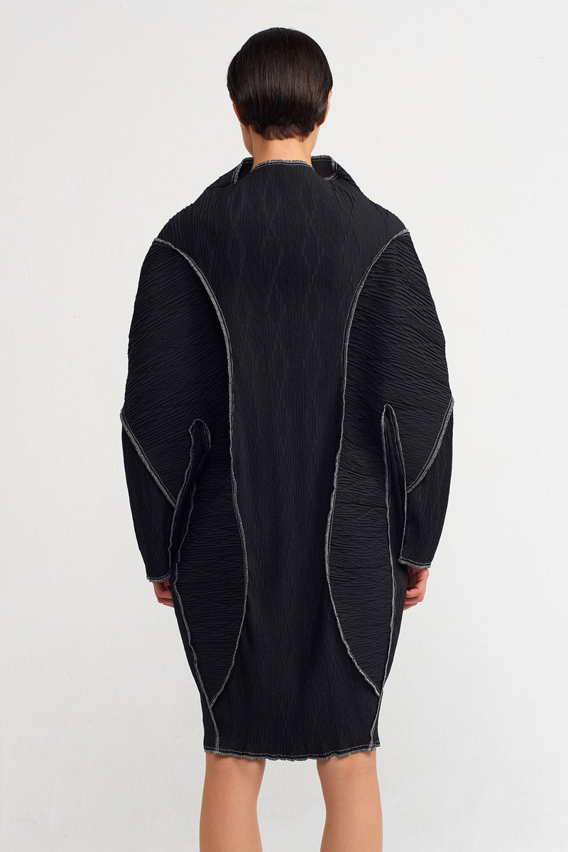 NU Stitched Detail Long Sleeve Pleated Dress Black/Offwhite