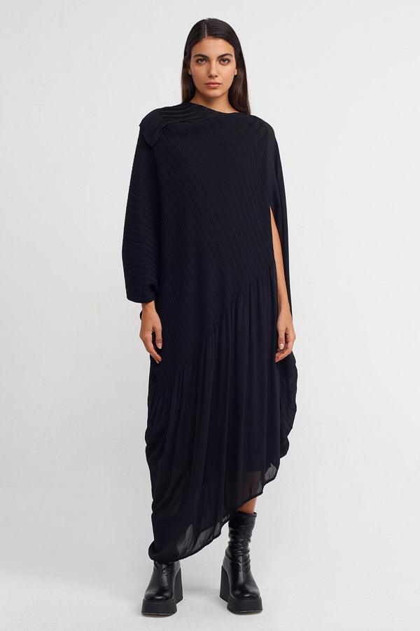 NU Jacquard Pleated Asymmetric Neck Dress Black
