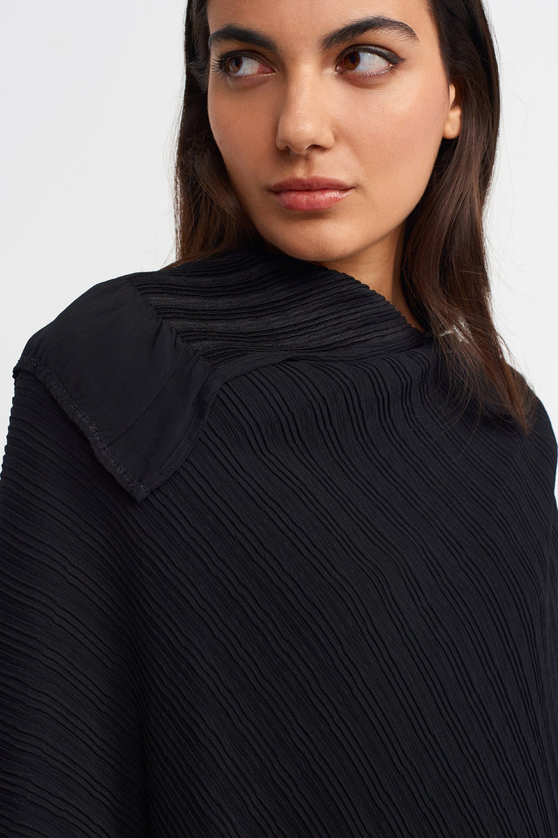 NU Jacquard Pleated Asymmetric Neck Dress Black