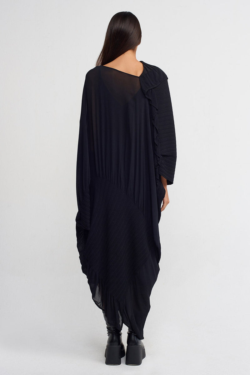 NU Jacquard Pleated Asymmetric Neck Dress Black