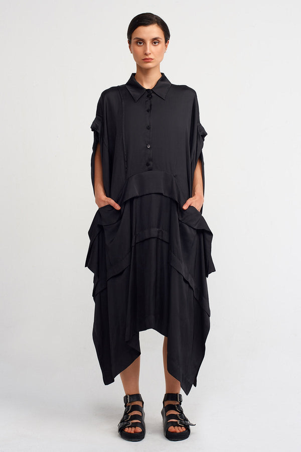 NU Shirt Collar Asymmetrical Satin Dress Black