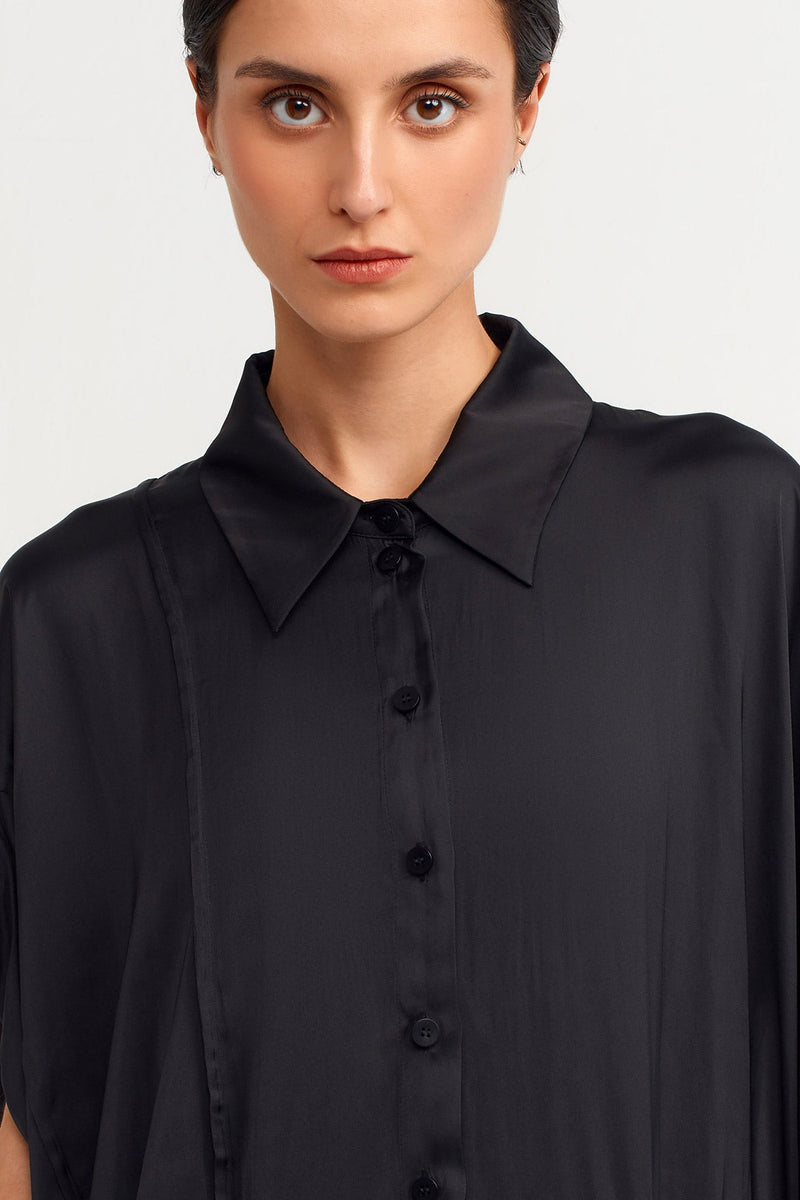 NU Shirt Collar Asymmetrical Satin Dress Black