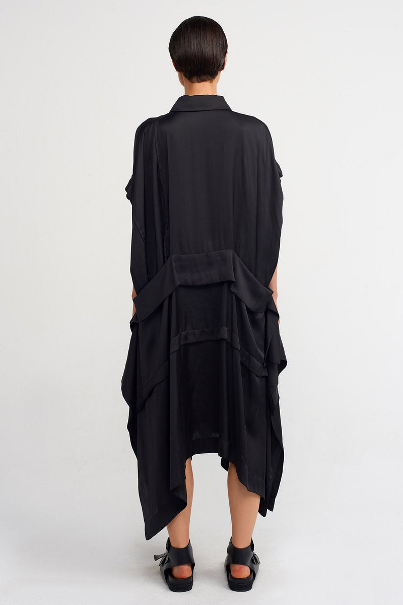 NU Shirt Collar Asymmetrical Satin Dress Black