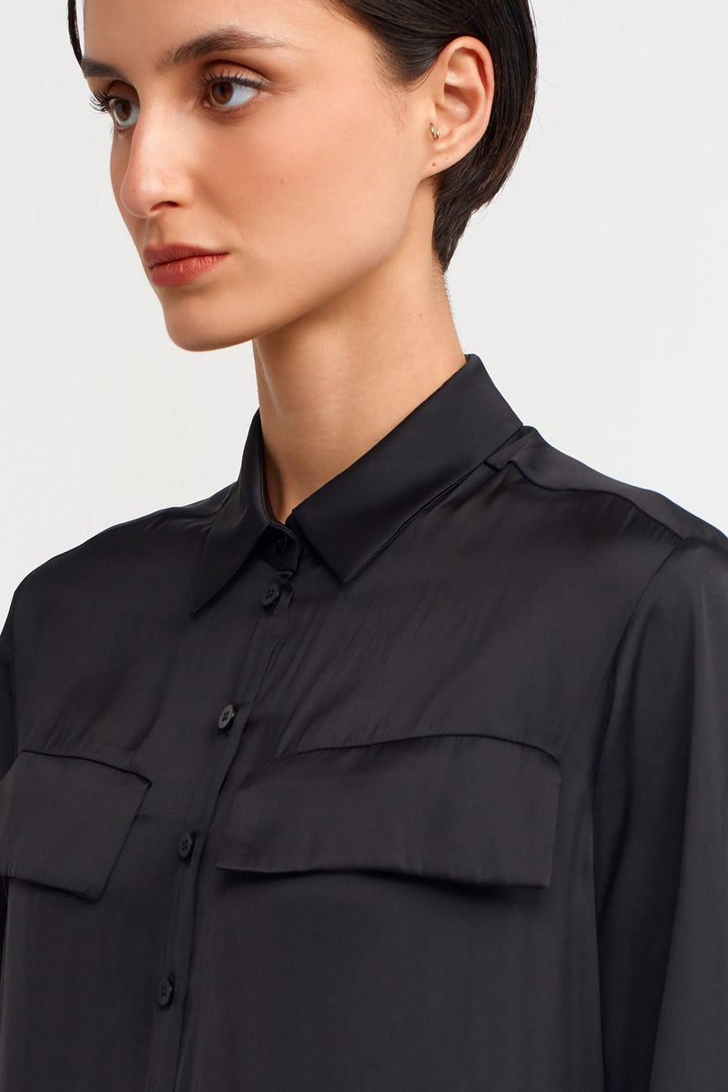 NU Long Satin Shirt Dress Black