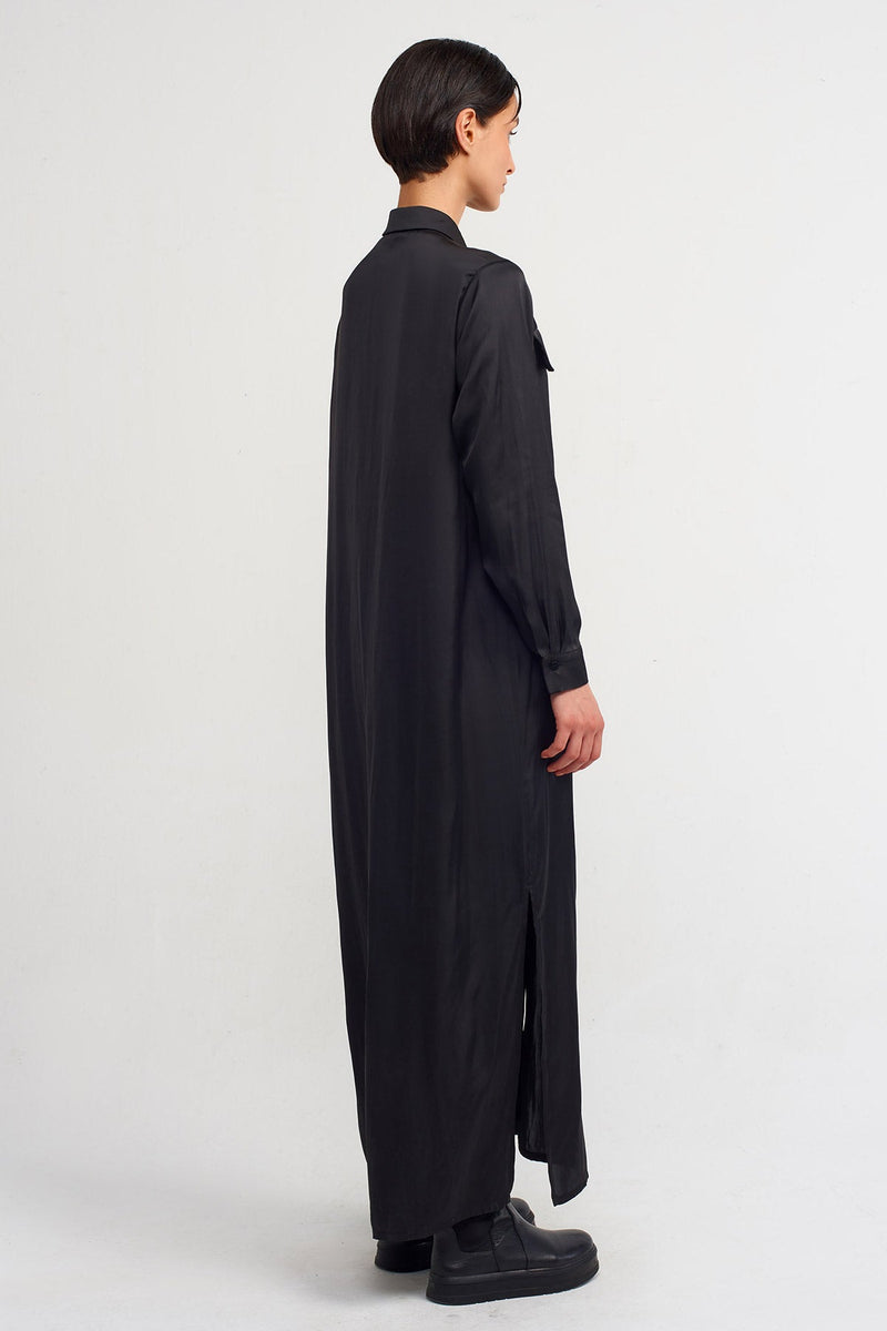 NU Long Satin Shirt Dress Black