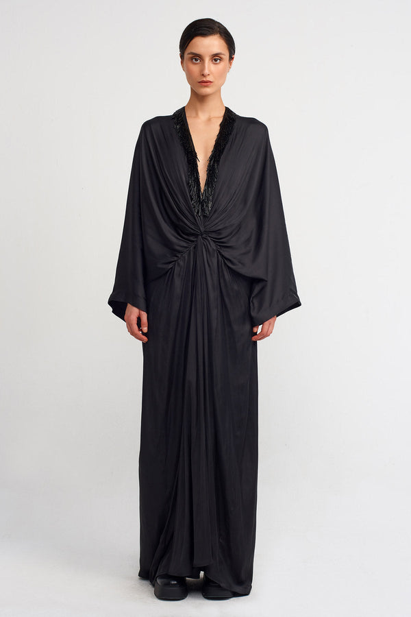 NU Deep V-Neck Long Satin Evening Dress  Black
