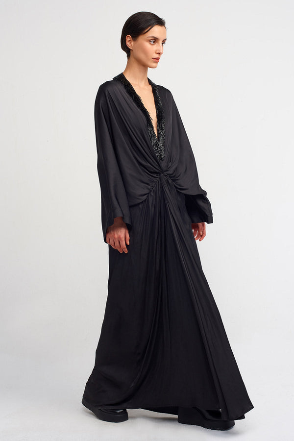 NU Deep V-Neck Long Satin Evening Dress  Black