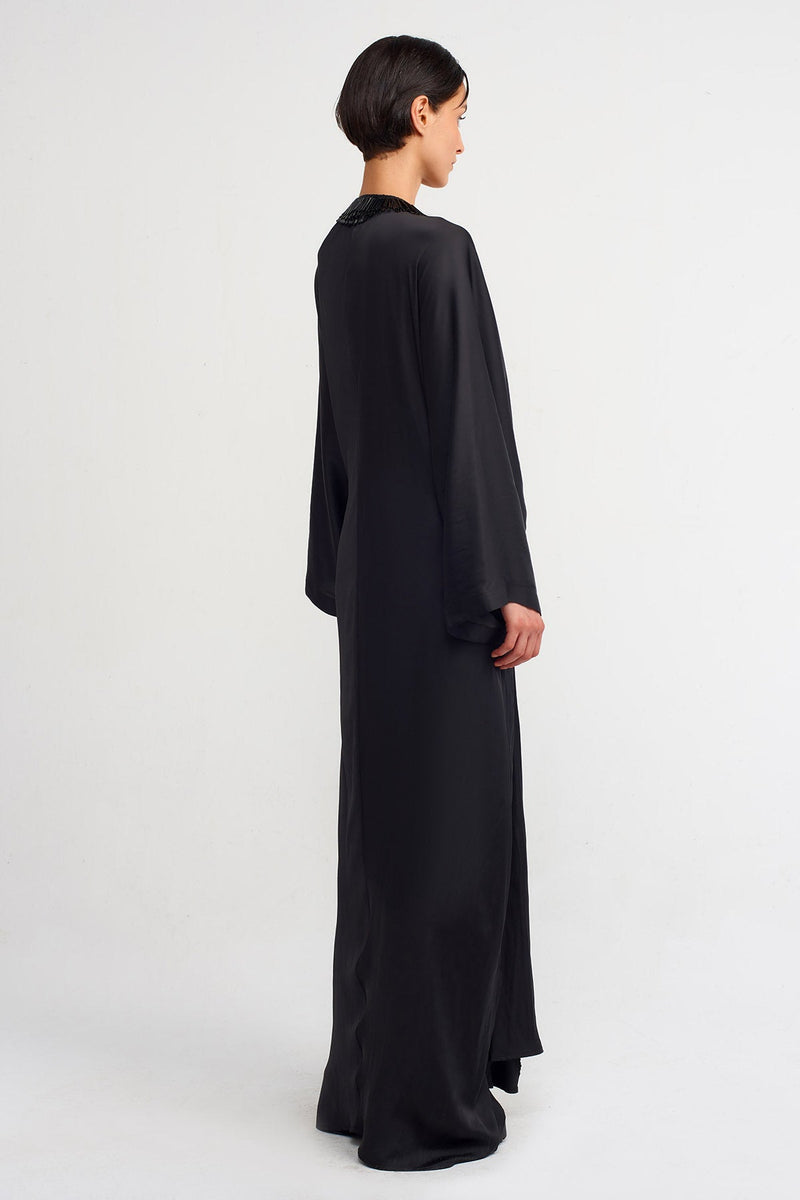NU Deep V-Neck Long Satin Evening Dress  Black
