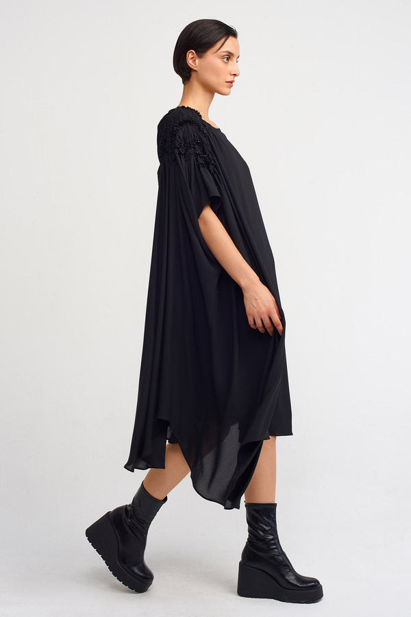 NU Elastic Gathered Sleeve Stylish Dress Black