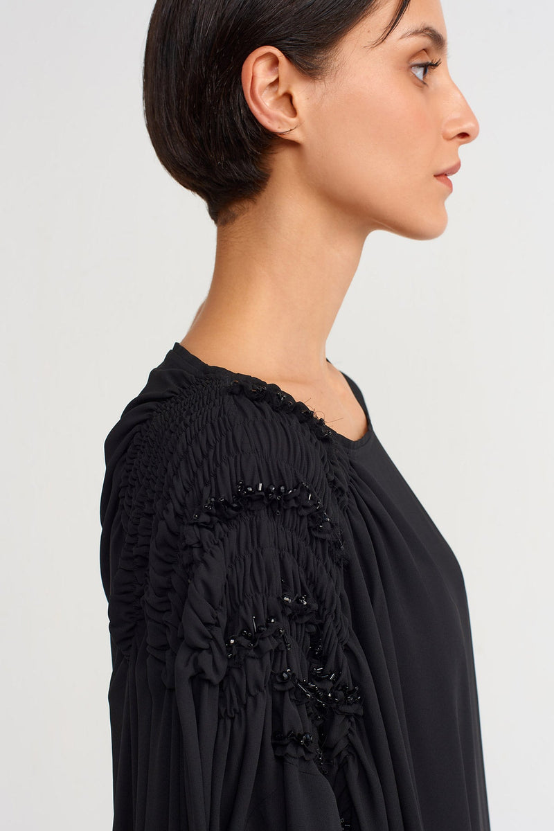 NU Elastic Gathered Sleeve Stylish Dress Black