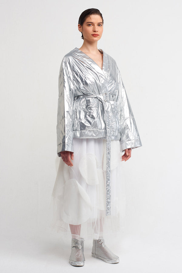 NU Metallic Belted Waist Jacket Silver