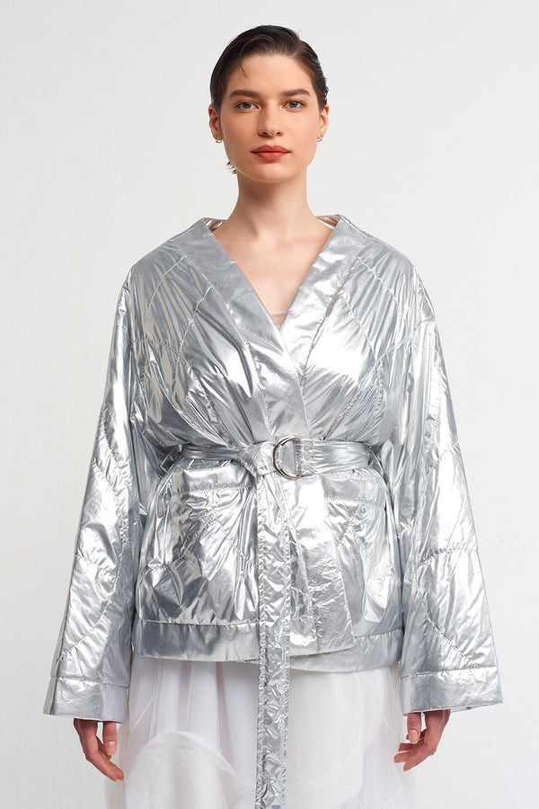 NU Metallic Belted Waist Jacket Silver