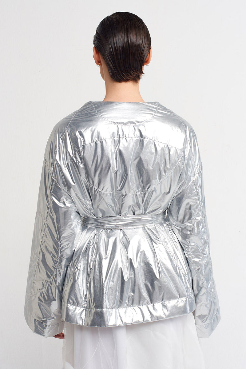 NU Metallic Belted Waist Jacket Silver