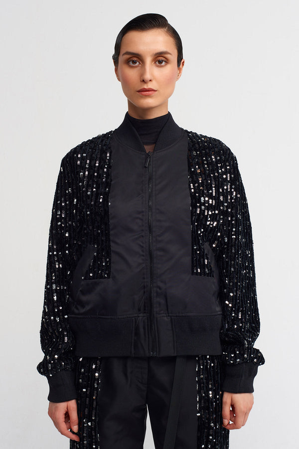 NU Sequin Striped Pulled Fringe Bomber Jacket Black