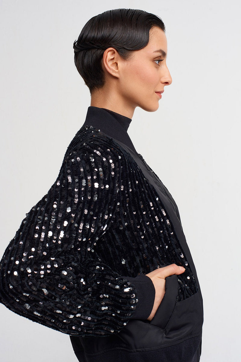 NU Sequin Striped Pulled Fringe Bomber Jacket Black