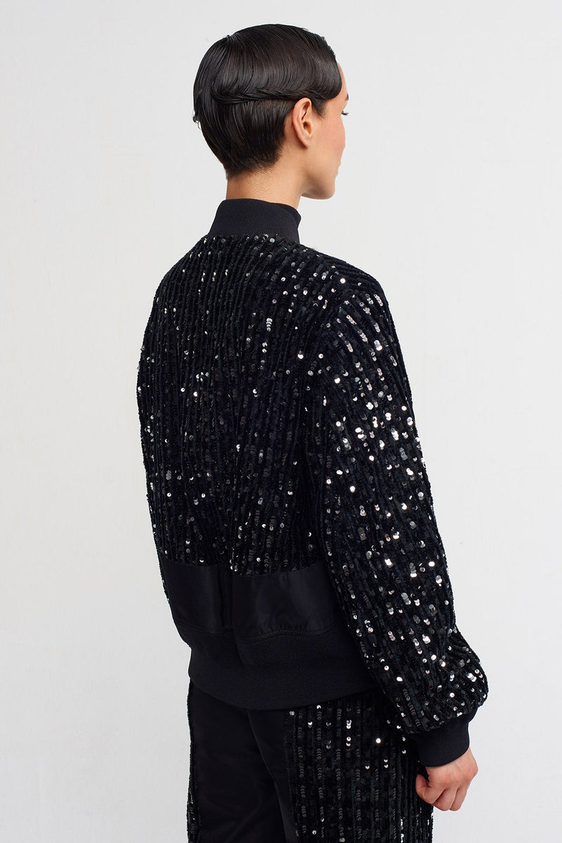 NU Sequin Striped Pulled Fringe Bomber Jacket Black