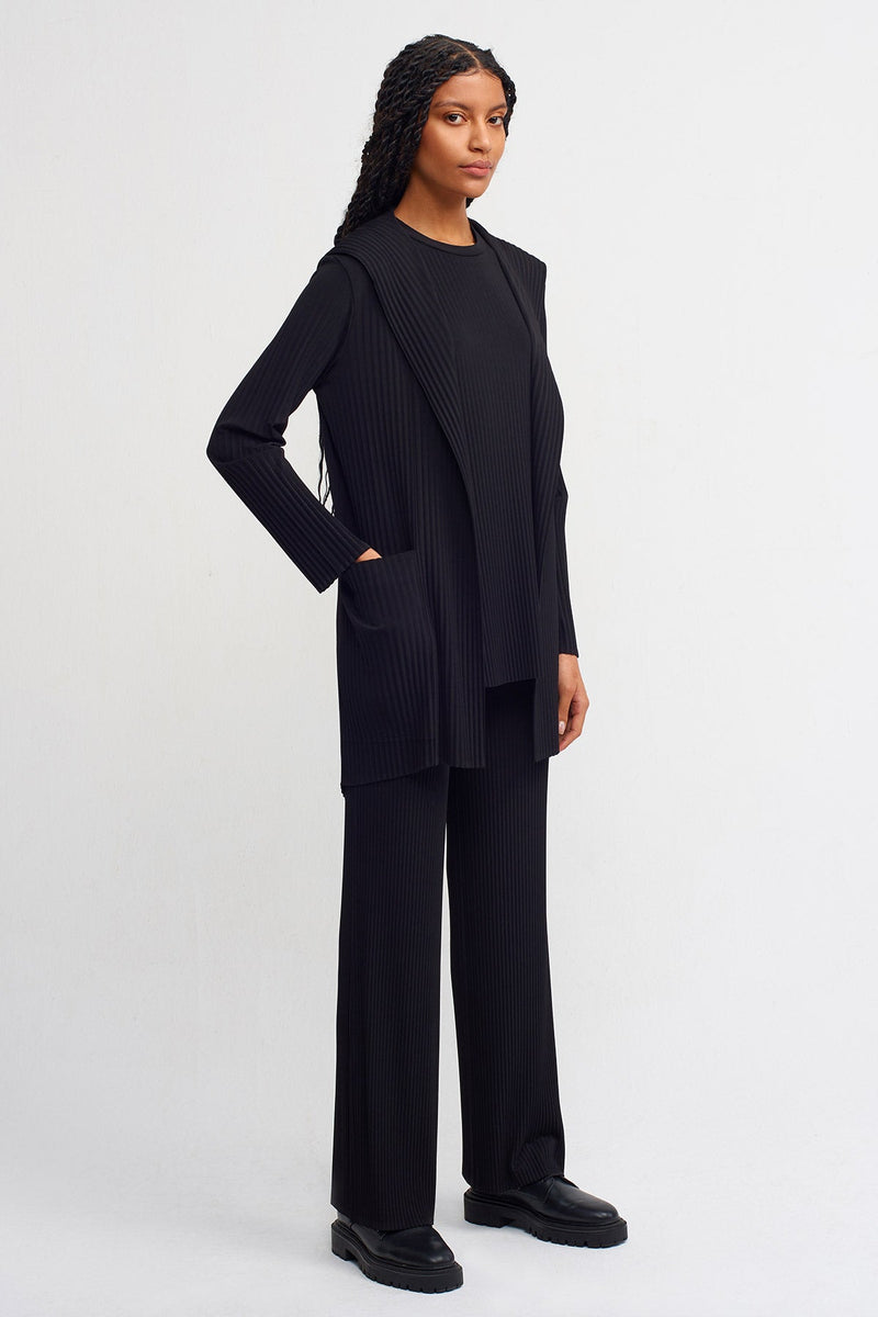 NU Hooded Long Back Pleated Cardigan Black