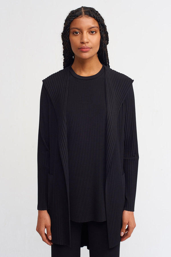 NU Hooded Long Back Pleated Cardigan Black