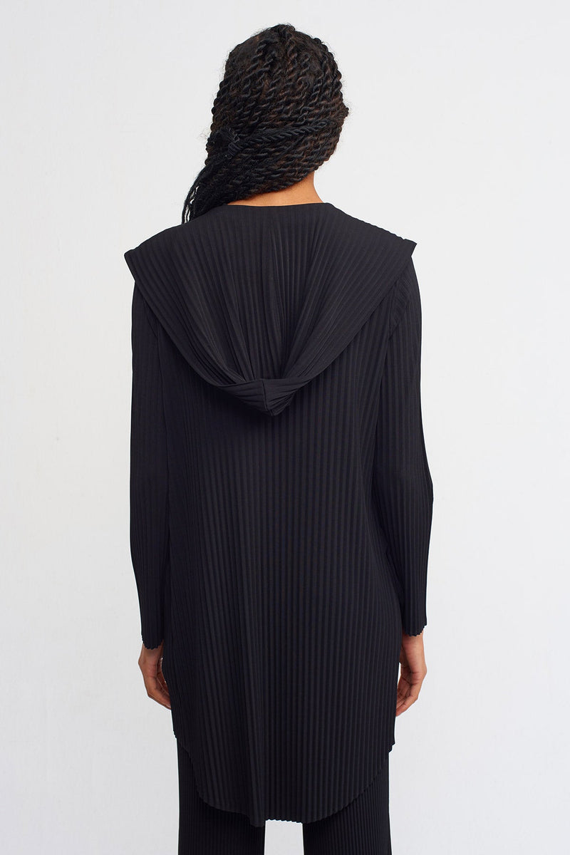 NU Hooded Long Back Pleated Cardigan Black