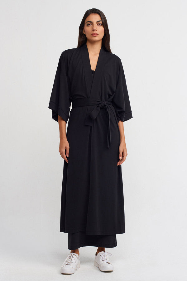 NU Belted Long Kimono Black
