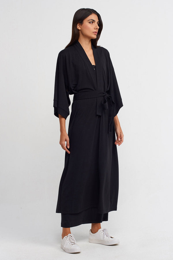 NU Belted Long Kimono Black