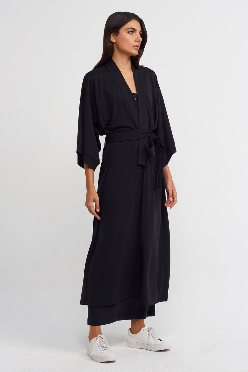 NU Belted Long Kimono Black