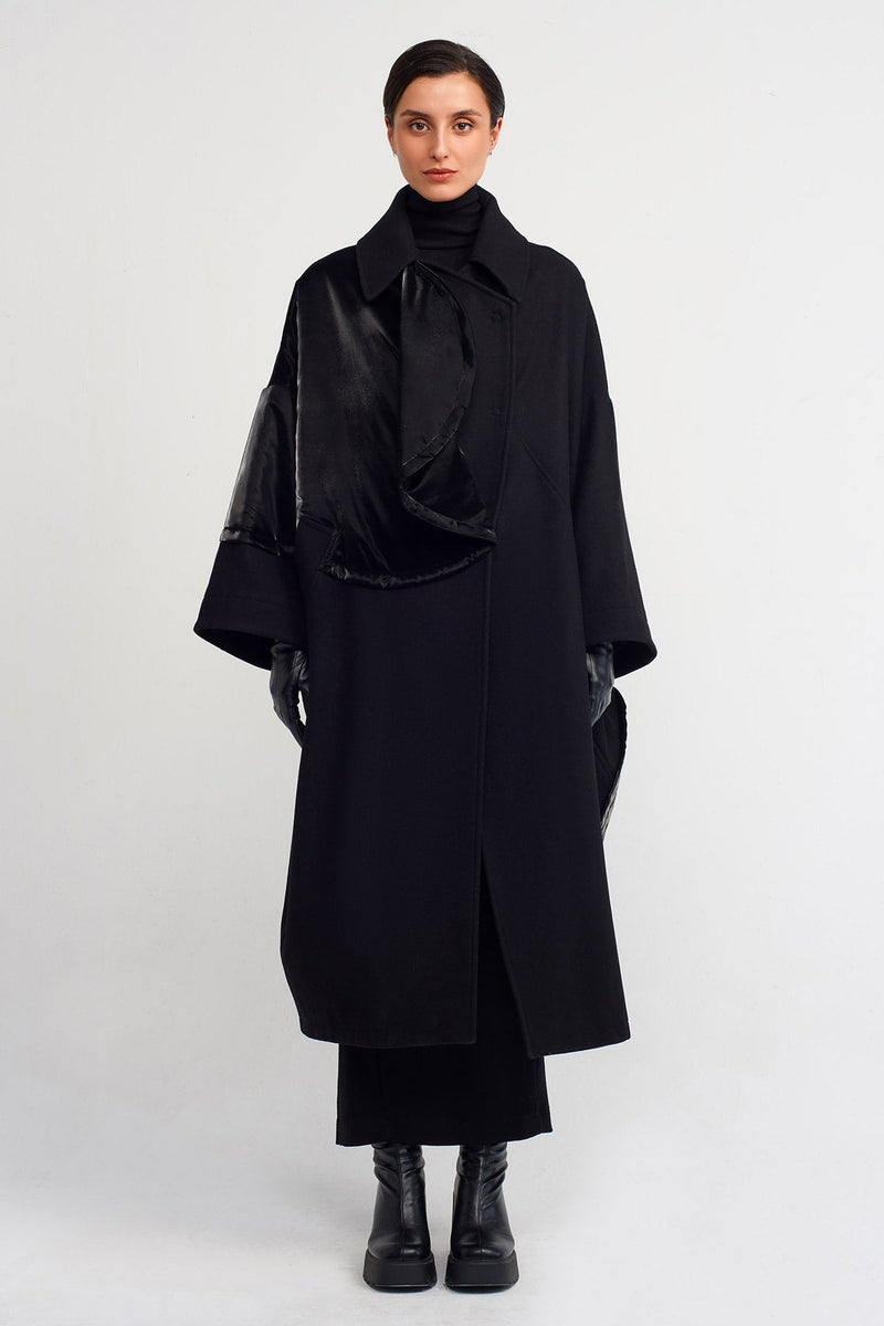 NU Shiny Fabric Detailed Long Coat Black