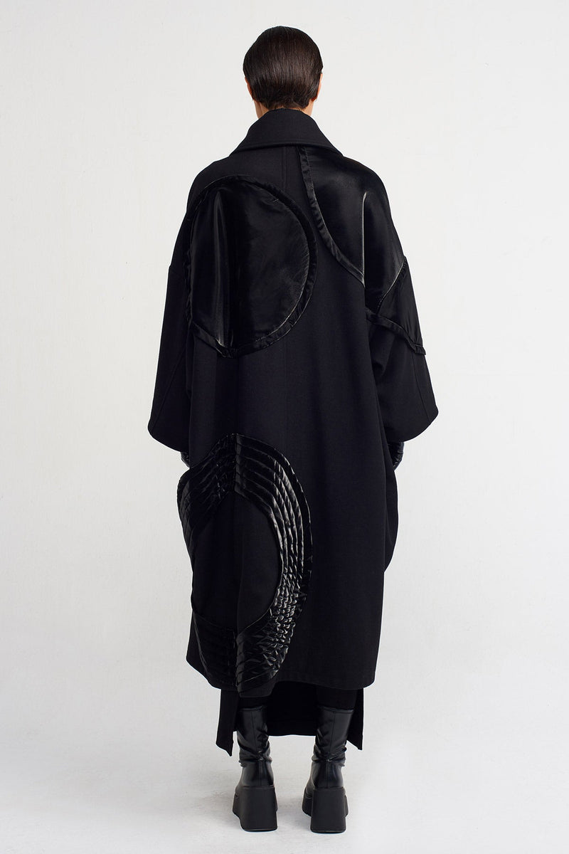 NU Shiny Fabric Detailed Long Coat Black
