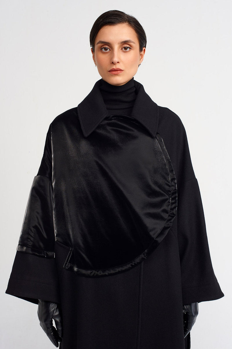 NU Shiny Fabric Detailed Long Coat Black