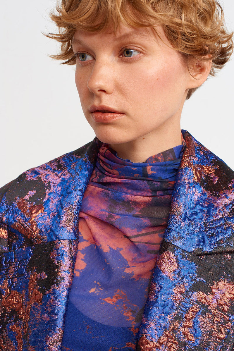 NU Jacquard Patterned Long Coat Multi Color